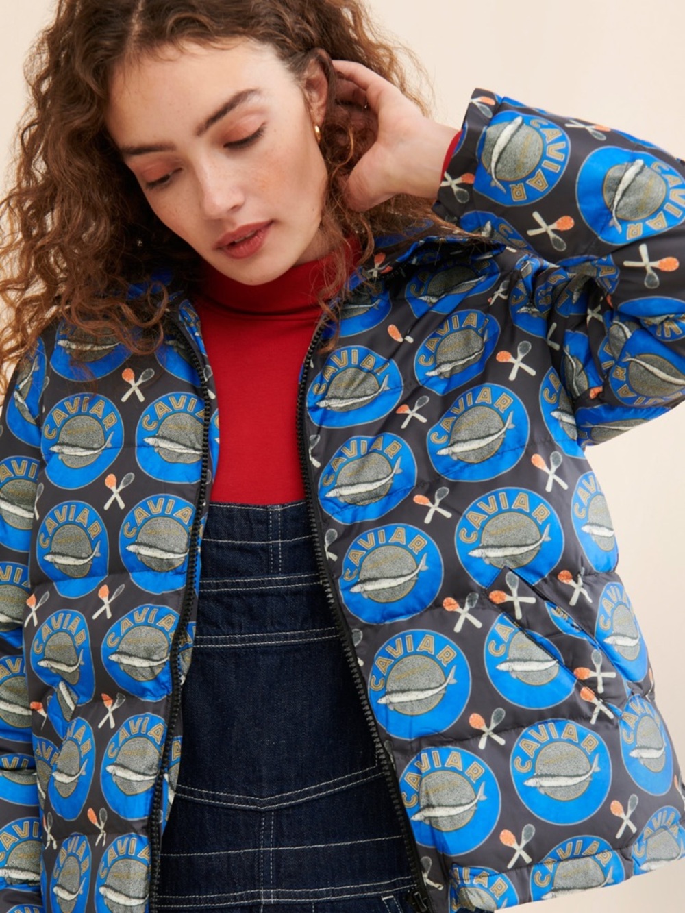 NWOT Rachel Antonoff Blue Graphic Caviar-Print Puffer Jacket